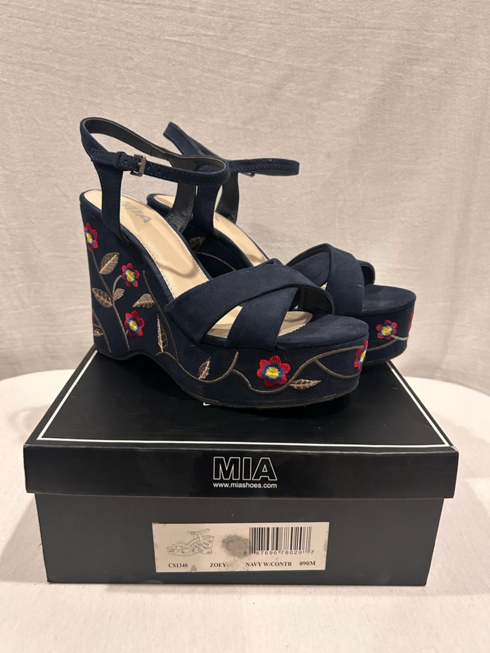 MIA Navy Embroidered Floral Platform Sandals